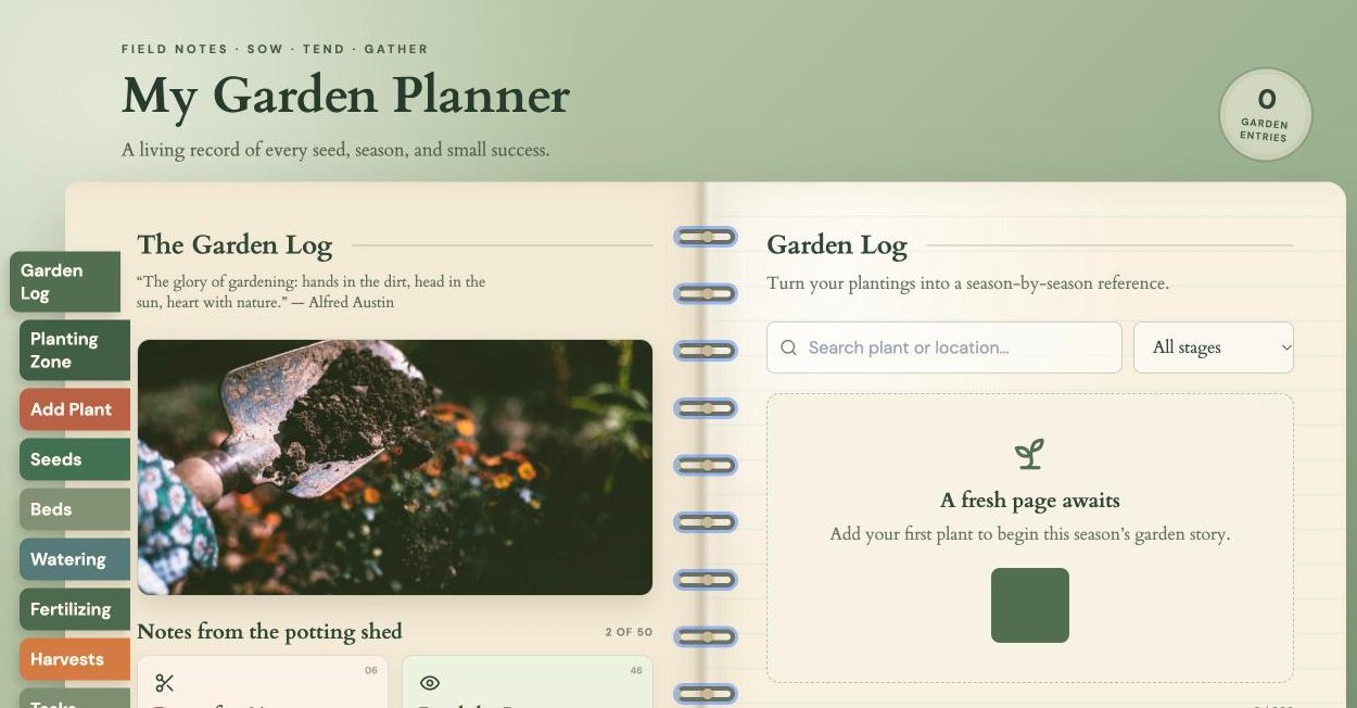 Preview of the interactive garden planner: a garden log notebook with tabs for planting zones, seeds, beds, watering and harvests